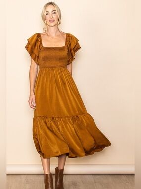 Elloh Smocked Midi Dress Medium Brown Satin Flutter Sleeve Pockets Boho